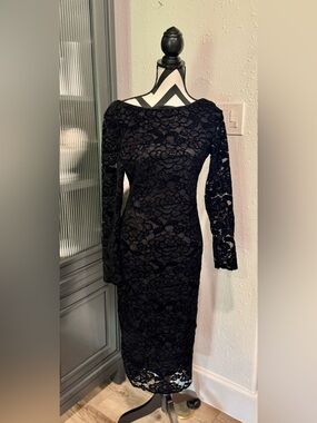 Xscape Black Floral Lace Long Sleeve Dress